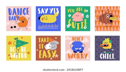 Comic cards with abstract funny cute characters set. Modern creative humor postcards in whimsical fun doodle style. Eccentric bizare weird fancy faces. Colored flat cartoon vector illustrations