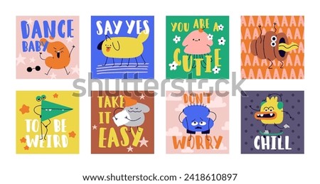 Comic cards with abstract funny cute characters set. Modern creative humor postcards in whimsical fun doodle style. Eccentric bizare weird fancy faces. Colored flat cartoon vector illustrations