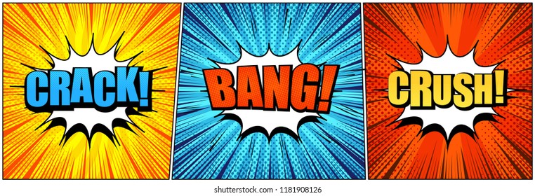 Comic cards explosive collection with Bang Crack Crush inscriptions white speech bubbles sound rays radial and halftone effects in yellow blue red colors. Vector illustration