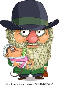 The comic caricature. Cartoon. Vector. A funny portrait of Charles Darwin with a monkey in his arms. Isolated objects.