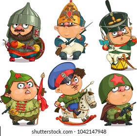 La caricatura cómica. Caricatura. Vector.  Un grupo de soldados rusos de diferentes épocas. Caricatura de Travesty. Caracteres. Objetos aislados.