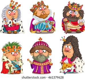 The comic caricature. Cartoon. Vector. Set Funny Kings. Travesty cartoon. Characters.  Isolated objects.