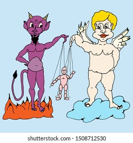 A comic caricature of the Devil and the Angel, which together manipulate the human soul in the form of a puppet on threads on a blue background