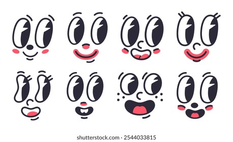 Caricaturas cômicas. Mascotes retrô engraçados, personagens de quadrinhos com bocas e olhos conjunto de ilustração vetor plano. Cartoon alegre rostos