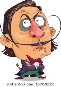The comic caricature.  A funny portrait of the artist Salvador Dali.  Isolated objects.