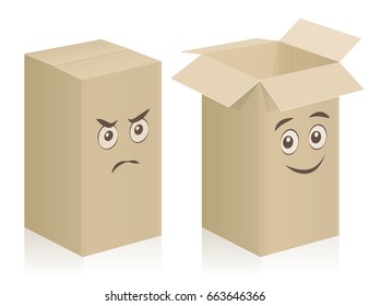 Comic carton boxes with angry and happy face, closed and opened - isolated vector illustration on white background.