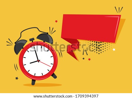 Comic cartoon alarm clock and ribbon banner on orange background. Space for your text. Vector illustration