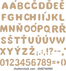 comic cartoon alphabet with characters for czech language and numbers, vector isolated on white background, letters from carton or craft paper, natural or eco design for cosmetics, diy, children