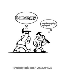 comic cartoon angry person using a gun and saying I'm angry, and with the person in front of him saying give up