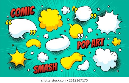 Comic cartoon art with blank speech bubble and text expression