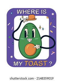 Comic cartoon avocado sticker. Vector isolated illustration for posters, menu, stickers, ads, web design. Avocado looking for toast. Funny element in a trendy retro cartoon style.