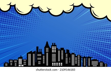 Fondo de historieta con silueta de ciudad y nube