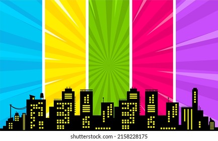 Comic cartoon background with city silhouette