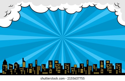 Comic Cartoon Background With Cloud And City Silhouette