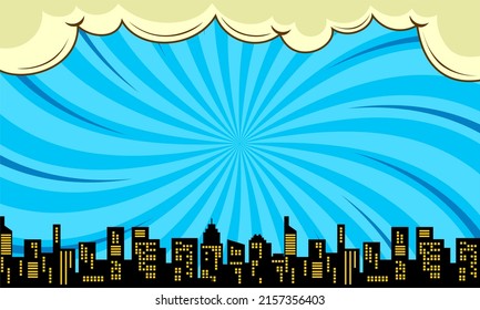 comic cartoon background with cloud and city silhouette