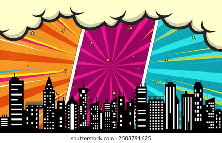 comic cartoon background with clouds and city silhouette