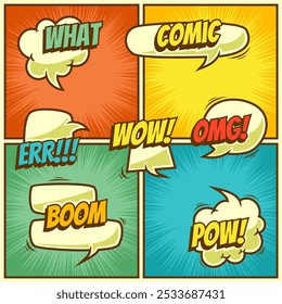 Comic cartoon background with four colorful panel and speech bubble expression