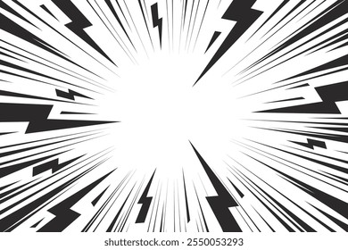 Fondo cómico de dibujos animados con efecto de ráfaga de relámpago. Vector manga gráfico con flash y trueno abstracto. Marco de explosión de energía con luz eléctrica. Vigas monocromáticas de perspectiva radial