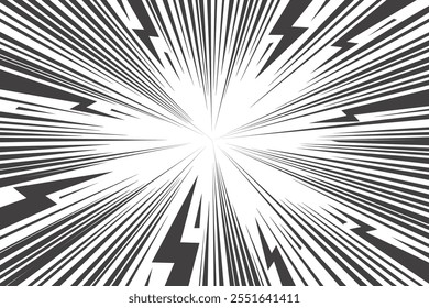 Comic cartoon background with lightning burst effect. Vector manga graphic with flash and abstract thunder. Energy explosion frame with electric light. Radial perspective monochrome beams