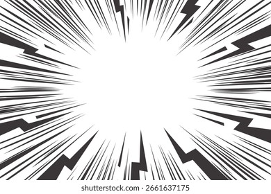 Comic cartoon background with lightning burst effect. Vector manga graphic with flash and abstract thunder. Energy explosion frame with electric light. Radial perspective monochrome beams