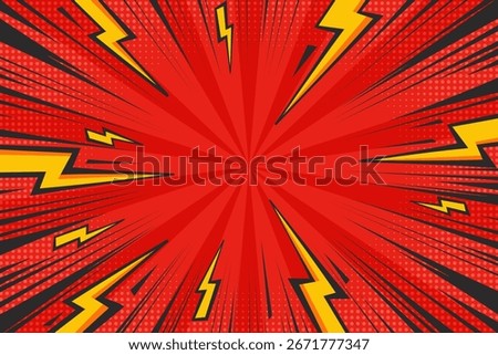 Comic cartoon background with lightnings and thunder power effect. Abstract vector pop art design with halftone and radial bolt energy. Explosion rays and speed lines. Retro superhero illustration