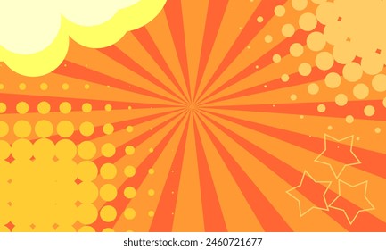 Fondo de historieta de dibujos animados con sunburst, semitono, starline y adorno de nubes