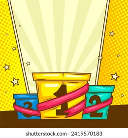 Comic cartoon with blank podium stage background