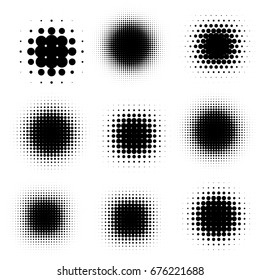 Comic cartoon blot black shadows template, halftone vector illustration set. 