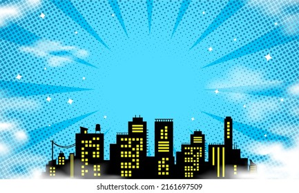 Comic cartoon blue background with city silhouette 