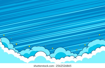 Comic cartoon blue background with cloud and star. vector template, superhero design