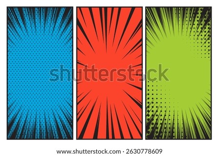 Comic cartoon book 3 panels, style pop art, frame retro cartoon