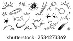 Comic cartoon boom speed effect, explosive motion line element set. Comic boom burst, explosive smoke, line speed cartoon vector icon. Hand drawn sketch doodle action effect. Vector illustration..