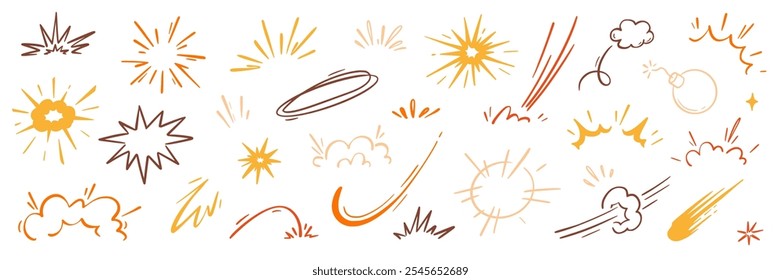 Efecto de velocidad de boom de dibujos animados cómicos, conjunto de elementos de línea de movimiento explosivo. Explosión de cómic, humo explosivo, icono de Vector de dibujos animados de velocidad de línea. Dibujado a mano boceto efecto de acción doodle. Ilustración vectorial..