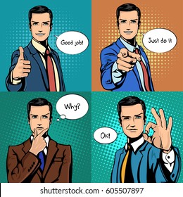 Comic cartoon businessman with different hand gesture of thumbs up and ok sign, pointing finger exclamating do it, wondering with why sound. Emotion and face expression, man with bubble speeches