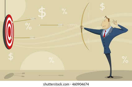 Comic cartoon businessman shooting at target with bow and arrows. Achieving the goals concept vector illustration.