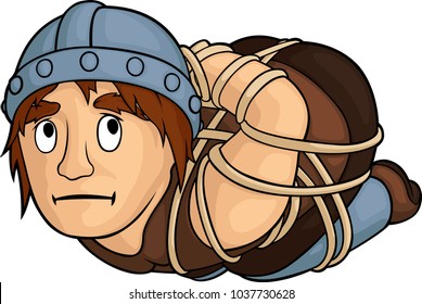 Comic cartoon captured medieval warrior on white background