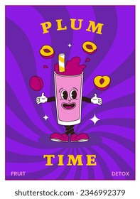 Comic cartoon character of juice or smoothie plum on striped sunburst background. Hand drawing of funny mascot in retro style. Template vector illustration for for posters, covers and prints