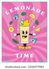 Comic cartoon character of lemonade with ice cubes, mint leaves on striped sunburst background. Hand drawing of funny mascot cocktail in retro style. Template vector illustration for poster, menu, ad