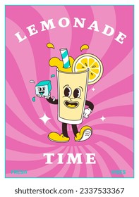 Comic cartoon character of lemonade with ice cube on striped sunburst background. Hand drawing of funny mascot cocktails in retro style. Template vector illustration for for posters, covers and prints