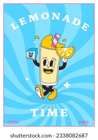 Comic cartoon character of lemonade with ice cube on striped sunburst background. Hand drawing of funny mascot cocktails in retro style. Template vector illustration for for posters, covers and prints