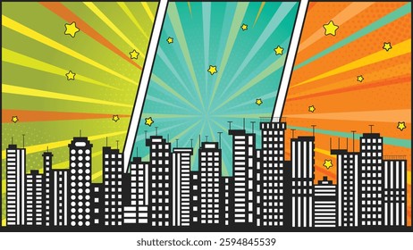 Comic cartoon city skyline, cityscape with cloud.