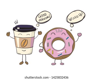 comic cartoon coffee cup and donut illustration characters say good morning and wake up.