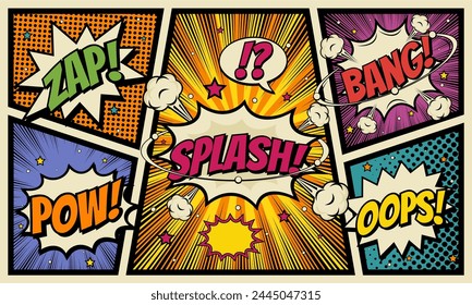 Comic cartoon colorful background with speech bubble set expression