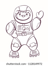 Comic cartoon cosmonaut in astronaut suit, vector illustration for colouring
