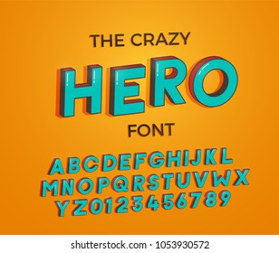  Comic cartoon crazy hero font. Vector illustration 3d design