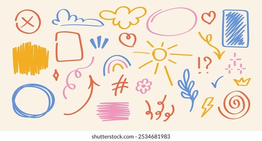 Comic cartoon effect cute element set. Star sparkle, vector cartoon motion line, squares, hand drawn text boxes, sun, rainbow, leaves. Cute hand drawn doodle.