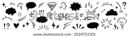 Comic cartoon effect smoke, boom element set. Comic speech bubble, boom burst, explosive smoke, line speed cartoon vector icon. Hand drawn sketch doodle speed element, splash. Vector illustration