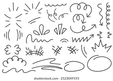 Efeitos de quadrinhos da explosão da bomba. Elementos de vetor de doodle respinga estouro e setas. Estrondo de mangá e esboço de linhas de rabisco. Linhas de ação de velocidade desenhadas à mão