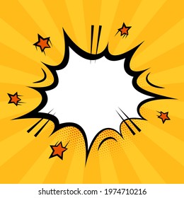 Comic cartoon explosion on halftone background with sunbeams and copy space for your text. Pop art design, vector illustration