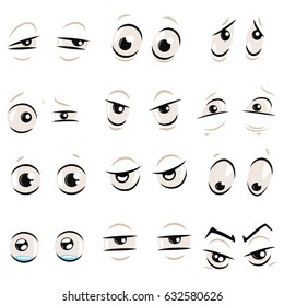 Comic Cartoon Eyes With Eyebrows Set Isolated On A White Background. Vector Illustration Of Emotions: Angry, Sad, Surprised, Mad, Funny, Evil, Confused, Crying And Others.